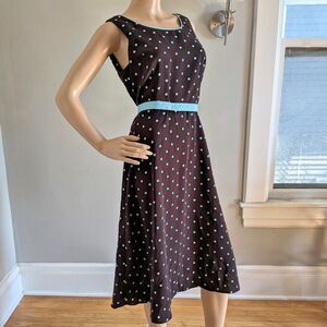 VINTAGE Y2K Blue Polka Dot Midi Brown Belted Studio I Rockabilly Pinup Size 10P